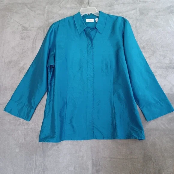 Chicos Sz 4 / 20 Shirt Taffeta Silk Button Down Blue Collared Sheen Evening - Picture 9 of 9